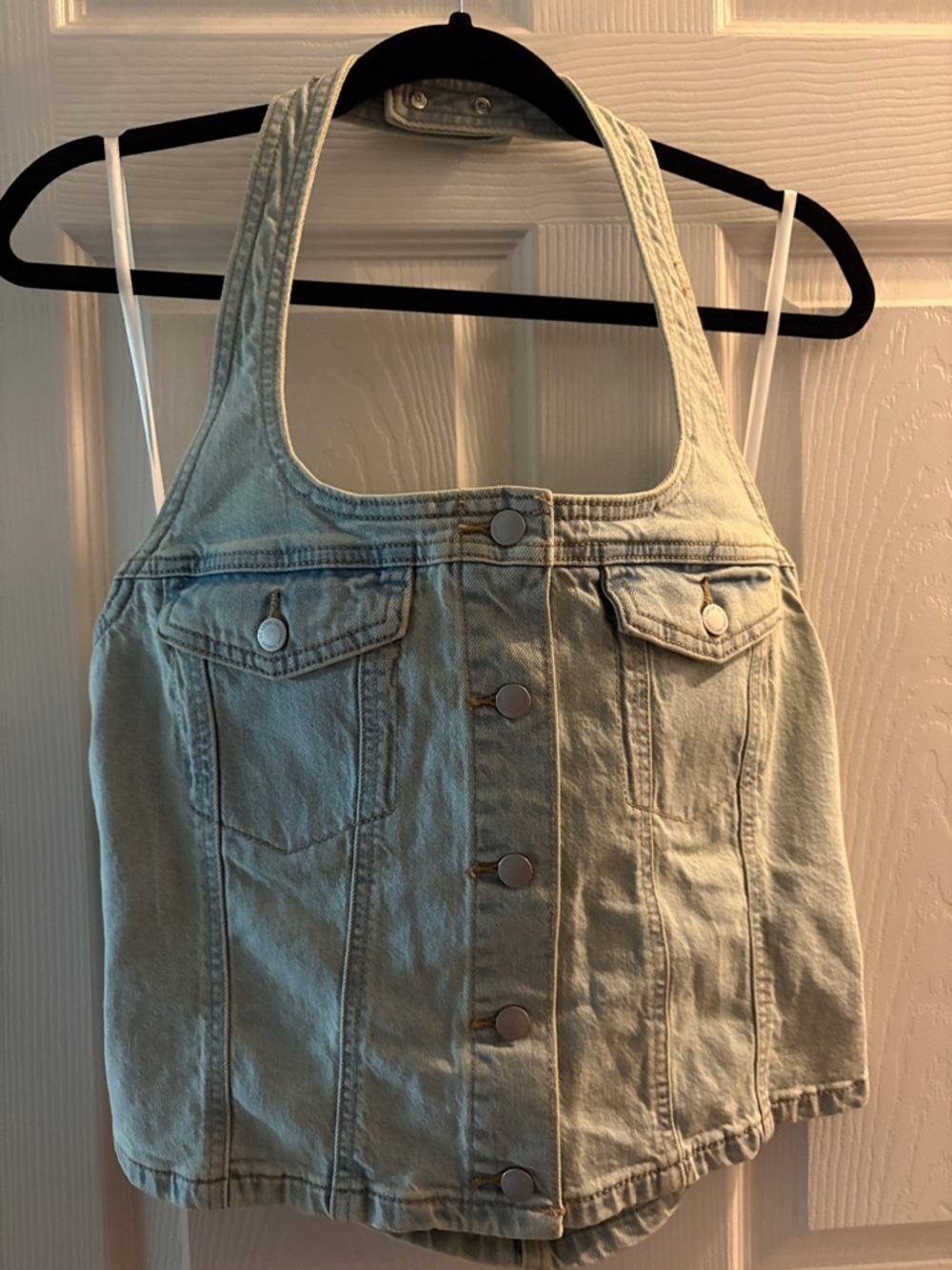 Universal Thread Light Wash Denim Crop Halter Button Front Top